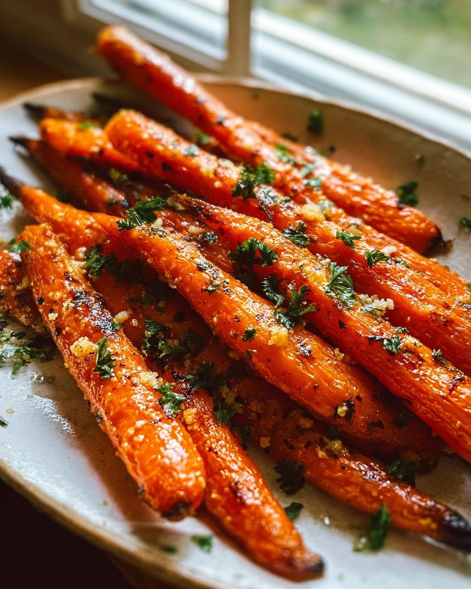 Close-up of glossy, roasted garlic parmesan carrots garnished with fresh parsley on a light plate.