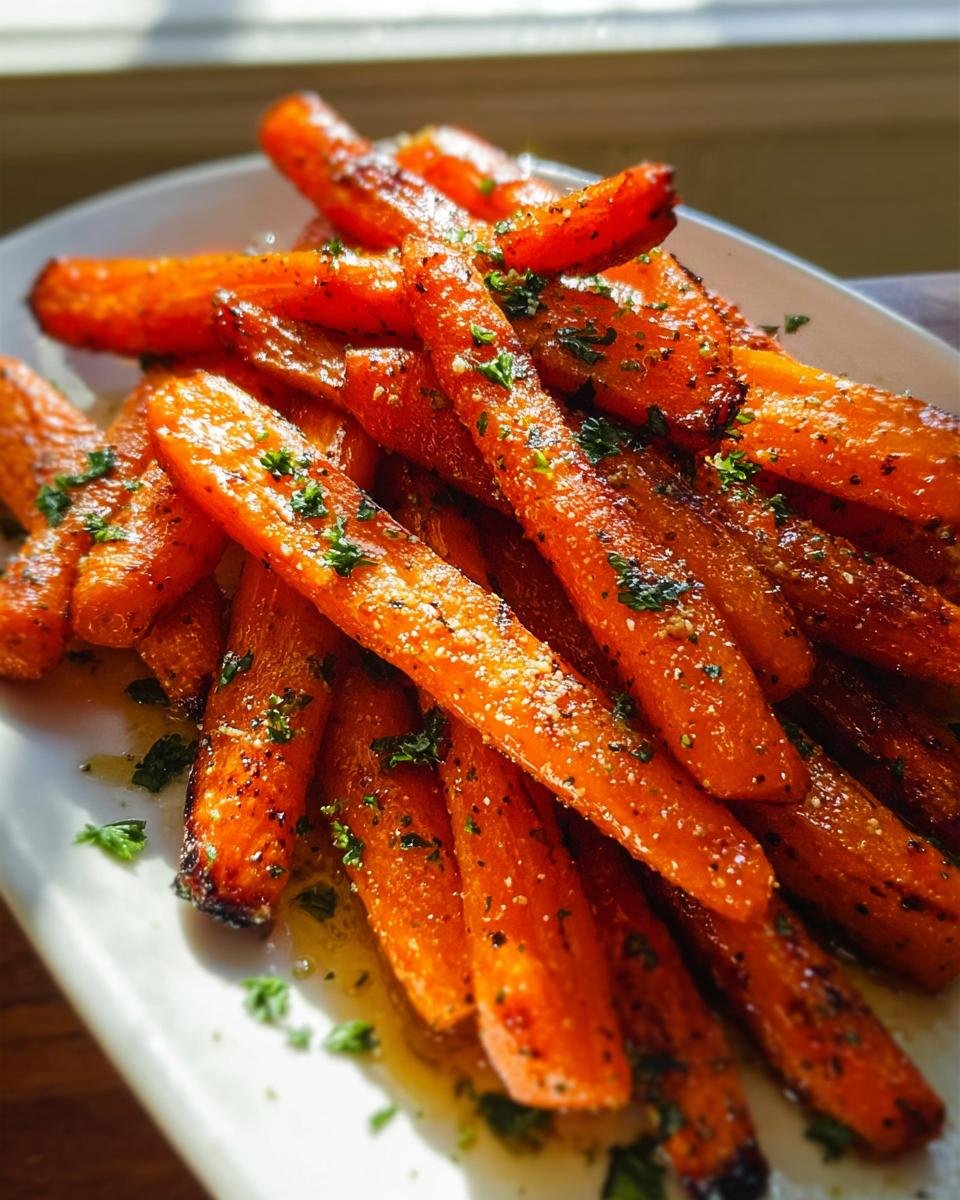 Close-up of glistening Roasted Garlic Parmesan Carrots, seasoned with herbs and cheese, piled on a white platter.