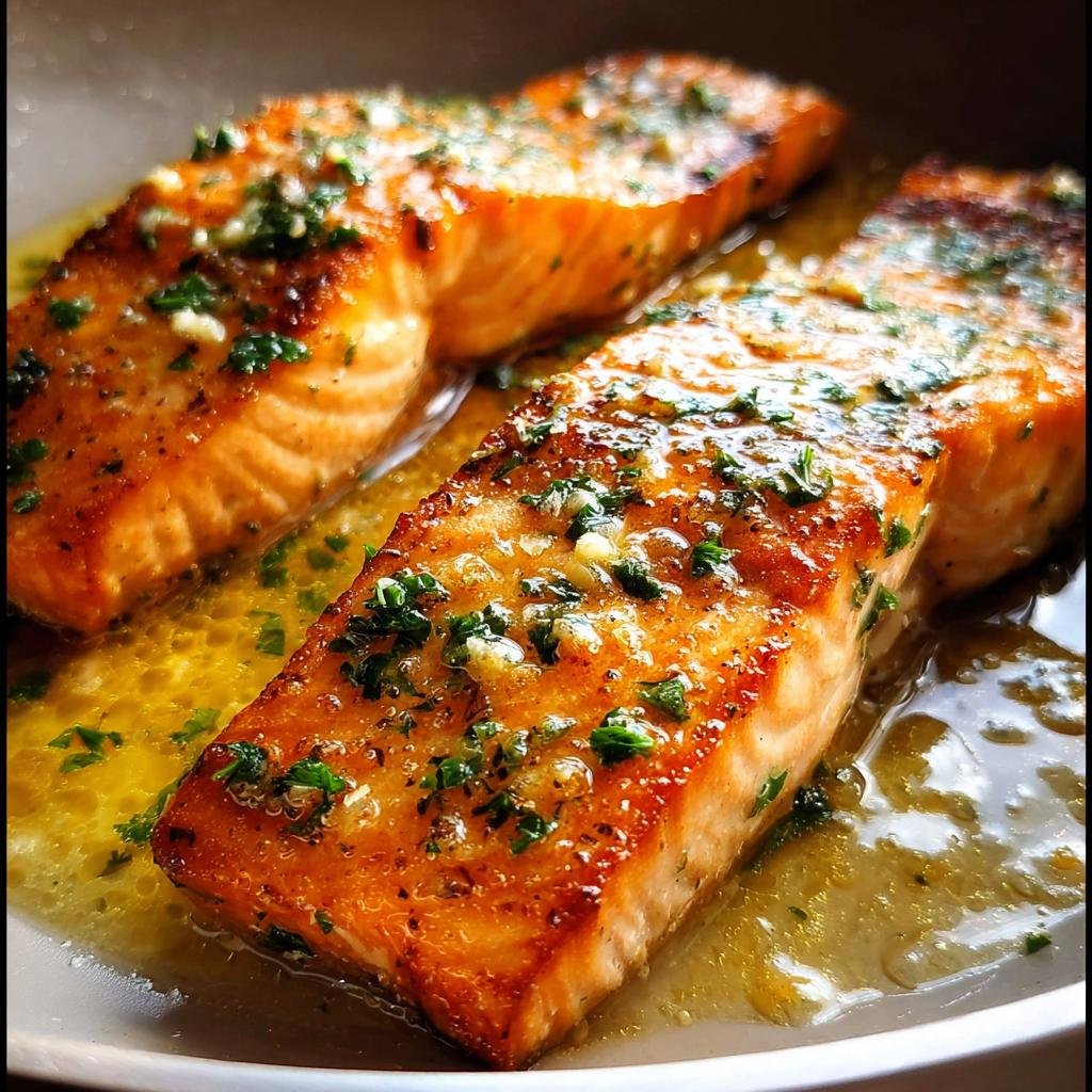 Two perfectly cooked salmon fillets swimming in rich garlic butter sauce, garnished with fresh parsley.