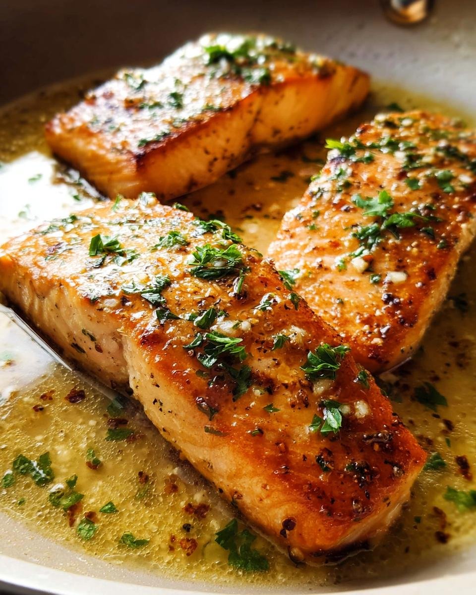 Close-up of three perfectly seared salmon fillets cooking in rich garlic butter sauce, topped with fresh parsley.