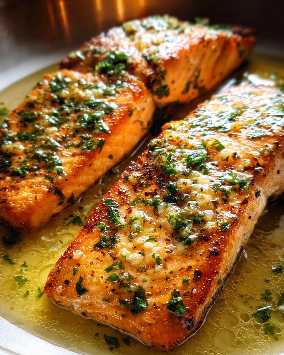 Two perfectly cooked fillets of Romantic Garlic Butter Salmon Dinner for Two swimming in melted butter sauce.