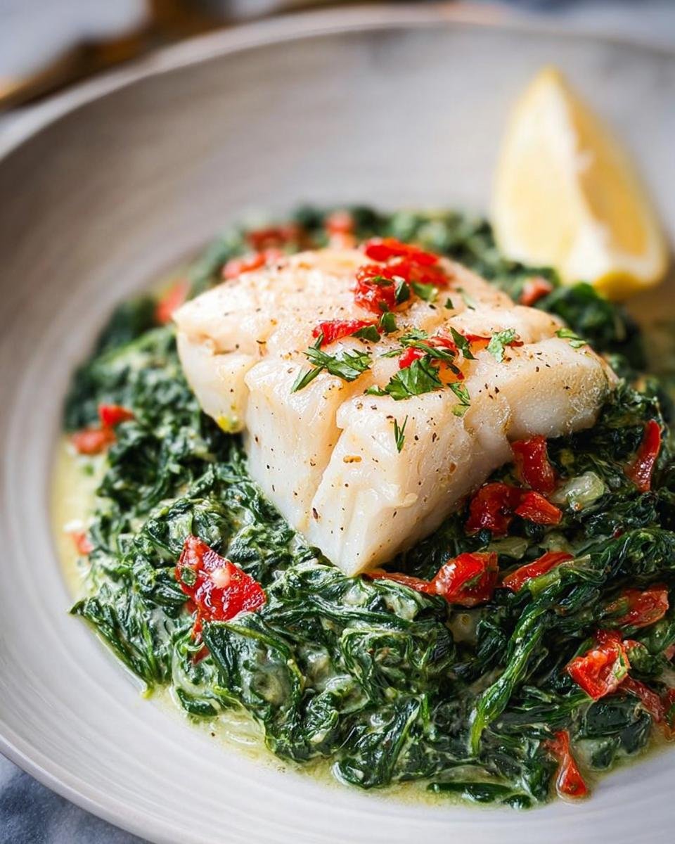 A perfectly cooked white fish fillet served over creamy spinach with sun-dried tomatoes, ideal for a Romantic Seafood Dinner at Home.