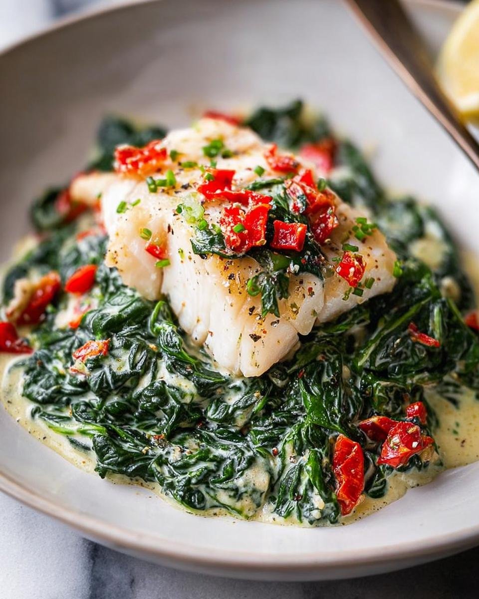 A perfectly cooked white fish fillet served over creamy spinach with sun-dried tomatoes, ideal for a Romantic Seafood Dinner at Home.