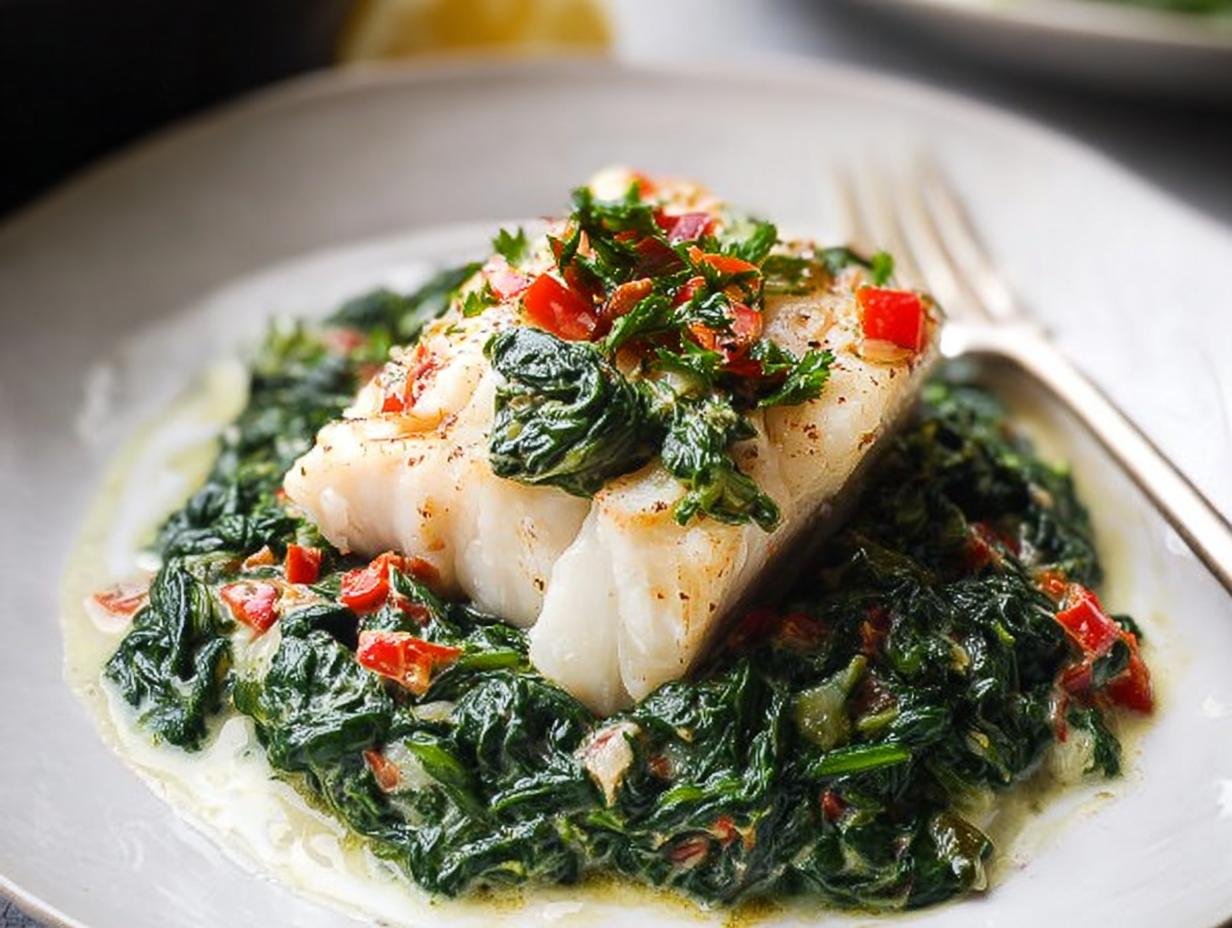 A perfectly cooked white fish fillet served over creamy spinach for a Romantic Seafood Dinner at Home.