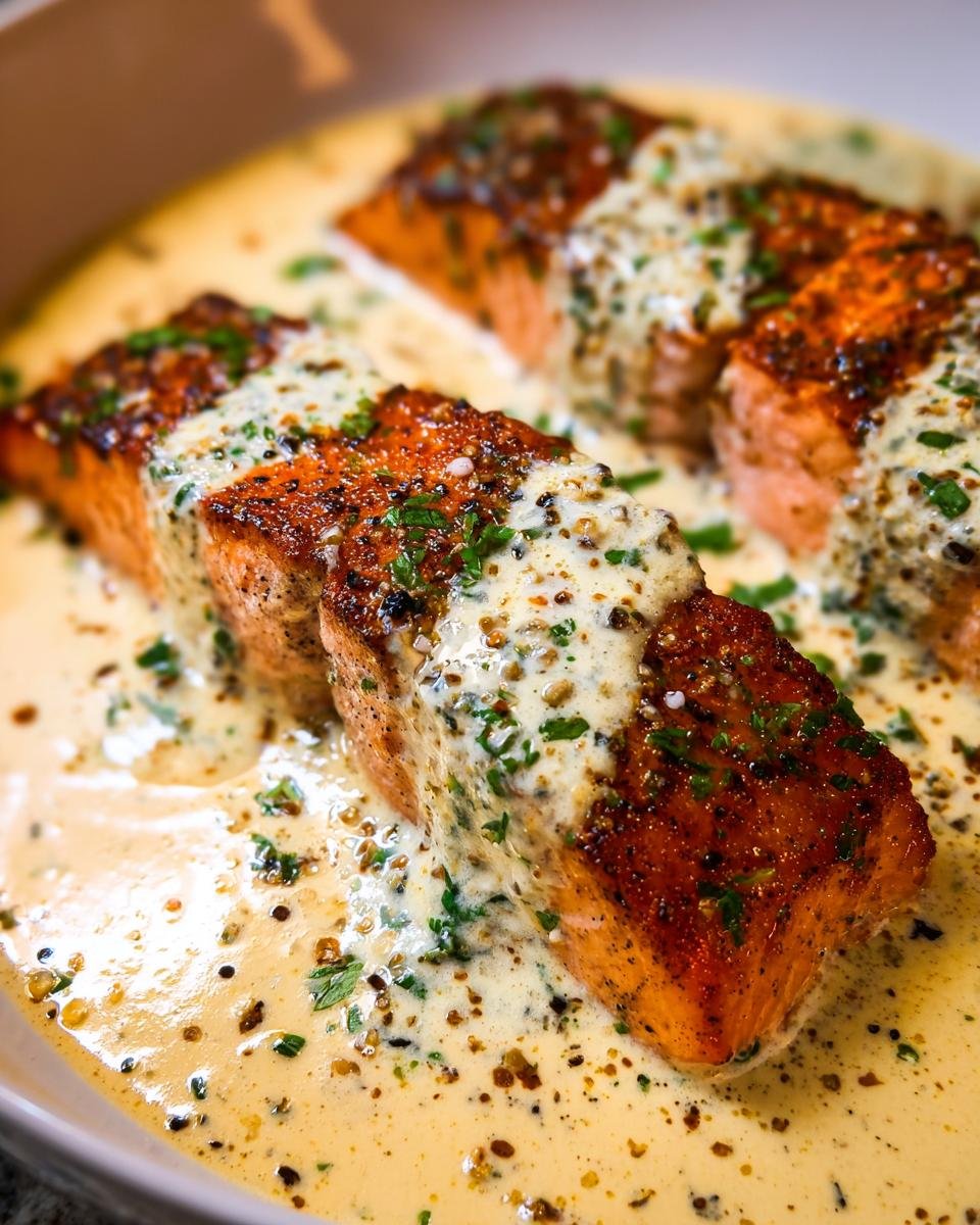 Close-up of seared salmon fillets topped with creamy Dijon sauce, perfect for a Valentine’s Day Dinner for Two.