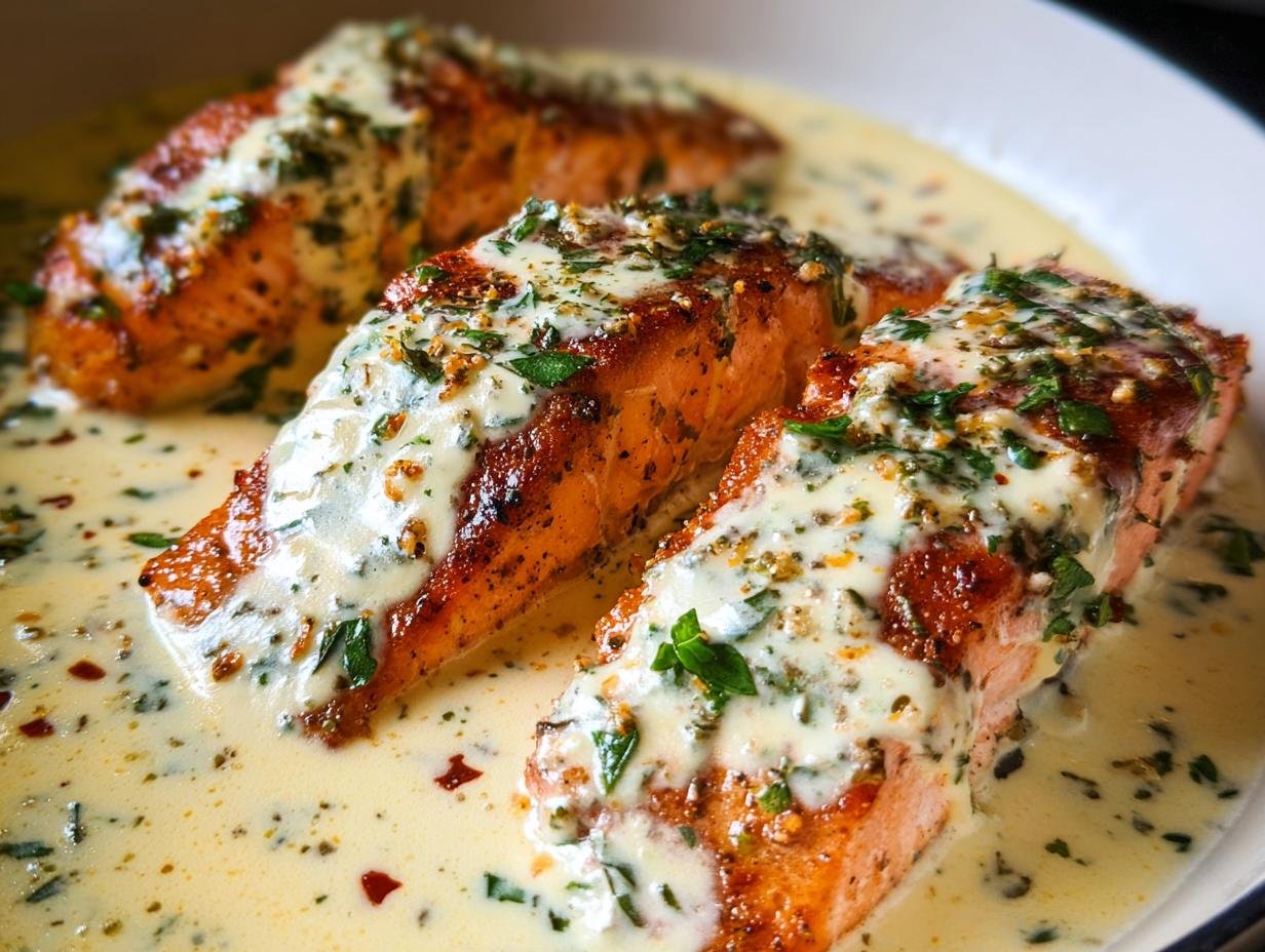 Three pan-seared salmon fillets covered in a creamy garlic herb sauce, perfect for a Valentine’s Day Dinner for Two.