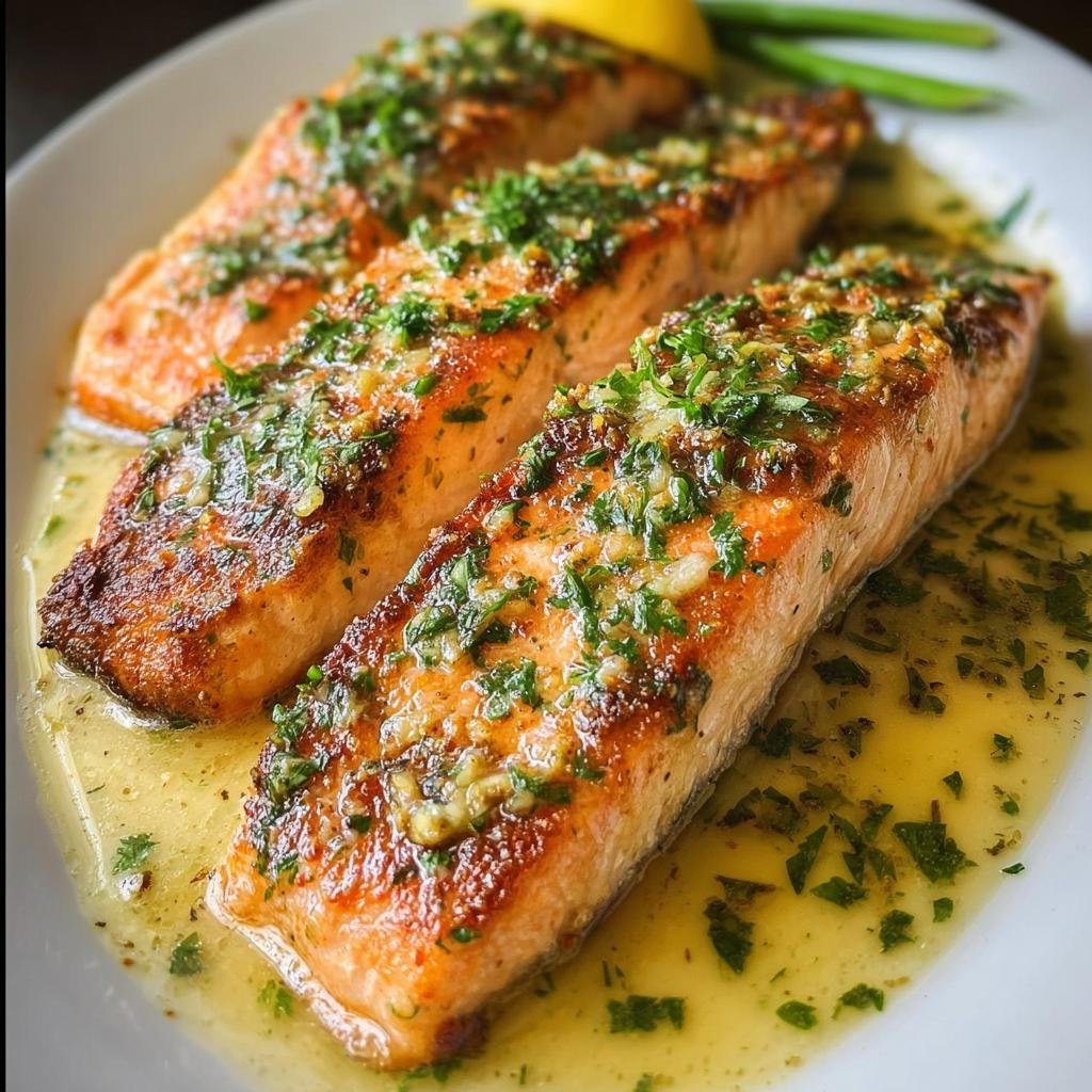 Three perfectly cooked fillets of salmon covered in garlic lemon butter sauce and fresh parsley.