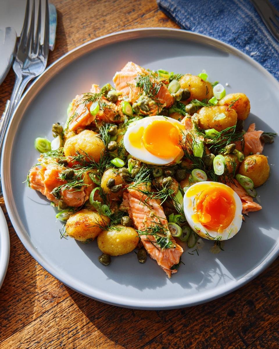 A plate featuring salmon, roasted potatoes, capers, and soft-boiled eggs, perfect for Nutritious Homemade Meals for Everyday Energy.