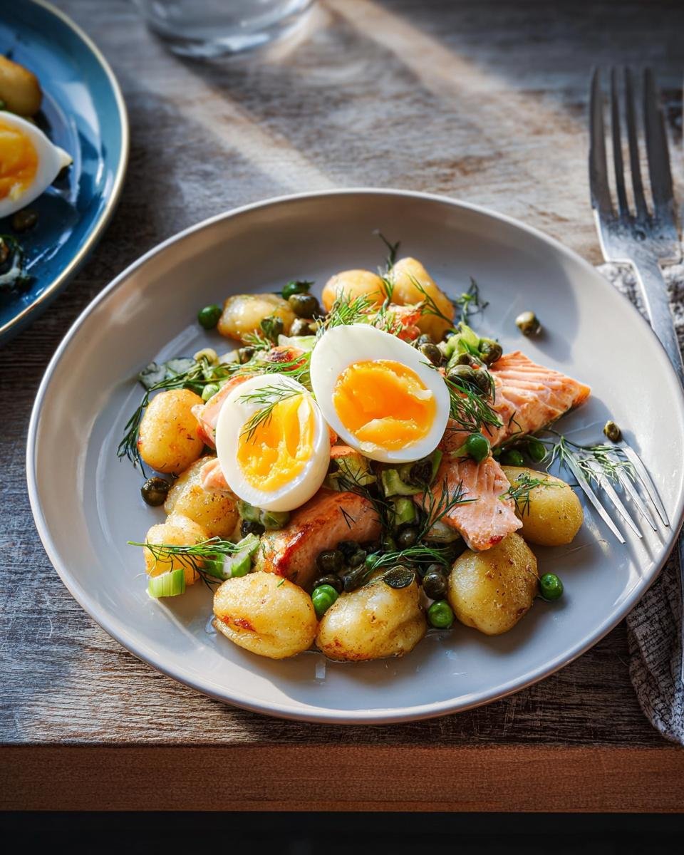 A plate featuring salmon, new potatoes, and soft-boiled eggs, perfect for Nutritious Homemade Meals for Everyday Energy.