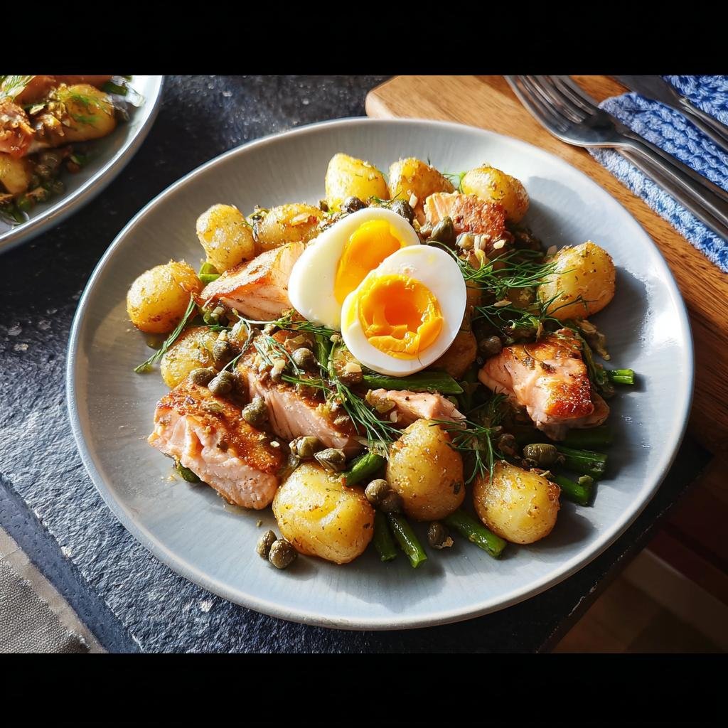 Plate of salmon, new potatoes, green beans, capers, and a soft-boiled egg, a perfect example of Nutritious Homemade Meals.