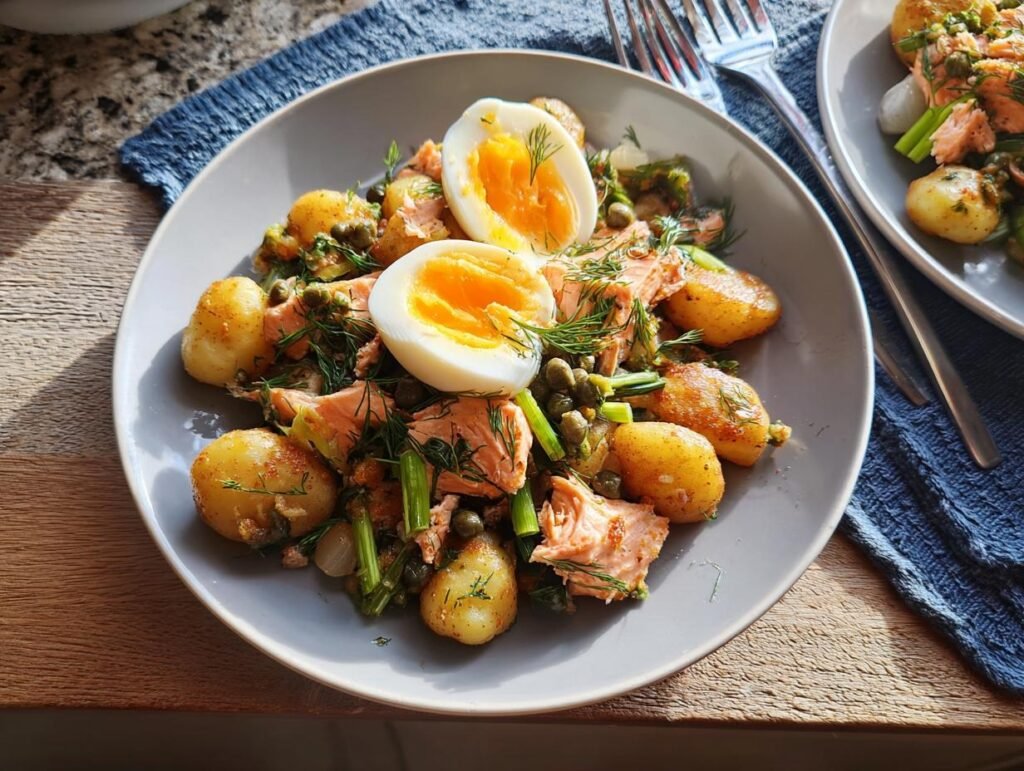 A plate featuring salmon, new potatoes, and a soft-boiled egg, representing Nutritious Homemade Meals for Everyday Energy.