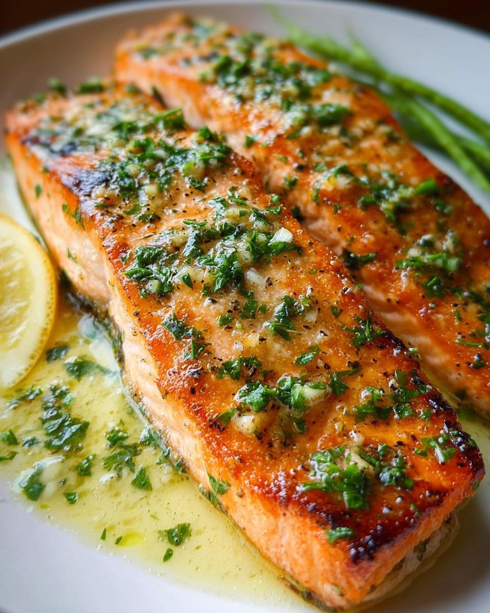 Two perfectly cooked fillets of salmon covered in garlic lemon butter sauce and fresh parsley.