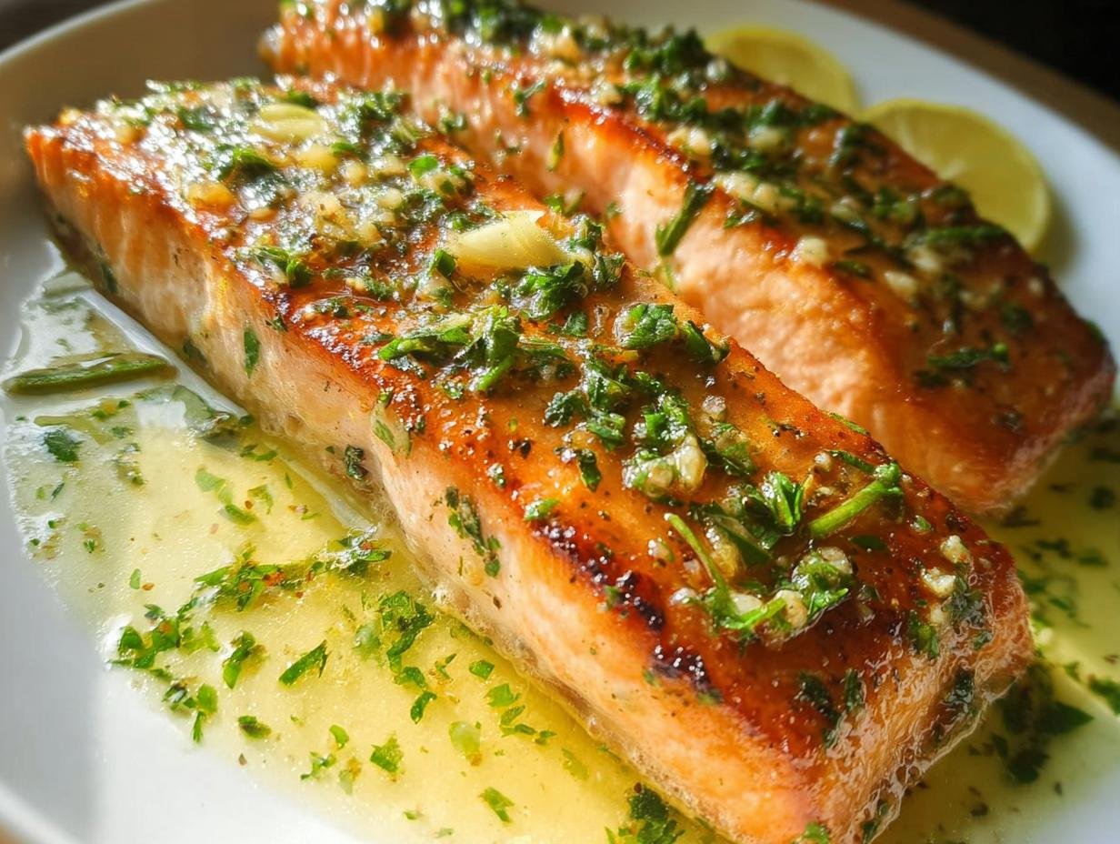 Two perfectly cooked salmon fillets topped with garlic, lemon, and parsley butter sauce.