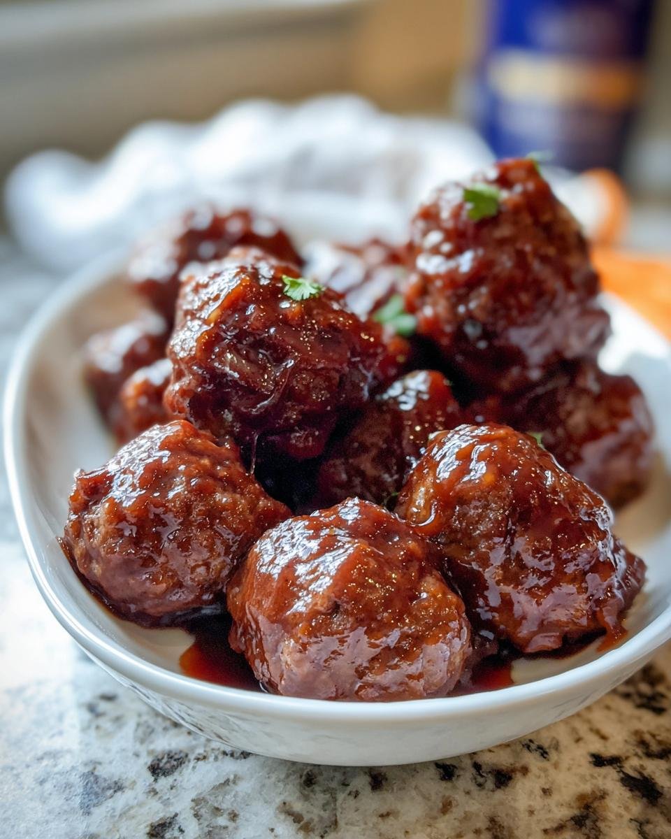 Close-up of saucy, glazed meatballs in a white bowl, perfect for Healthy Family Dinners That Kids Enjoy.