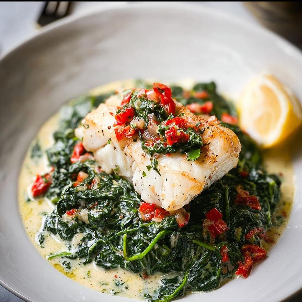 A perfectly seared white fish fillet served over creamed spinach, perfect for a Romantic Seafood Dinner at Home.