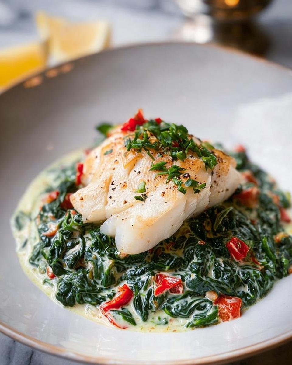 Perfectly seared white fish fillet served over creamy spinach for a Romantic Seafood Dinner at Home.