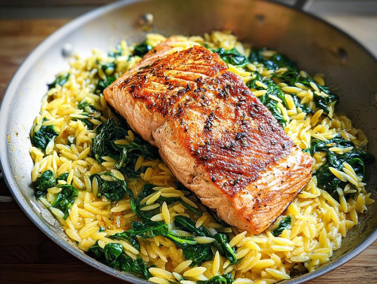 A perfectly seared salmon fillet resting on a bed of lemon orzo pasta mixed with wilted spinach.