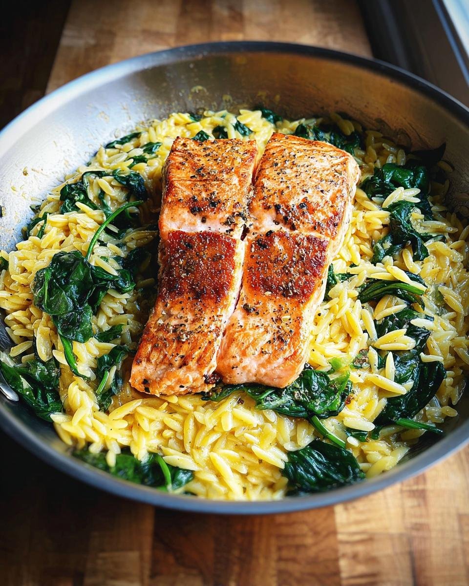 Two pieces of perfectly seared salmon resting on a bed of lemon orzo pasta mixed with wilted spinach.