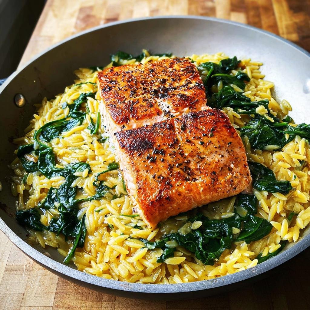 Two perfectly seared salmon fillets resting on a bed of lemon orzo and wilted spinach in a skillet.