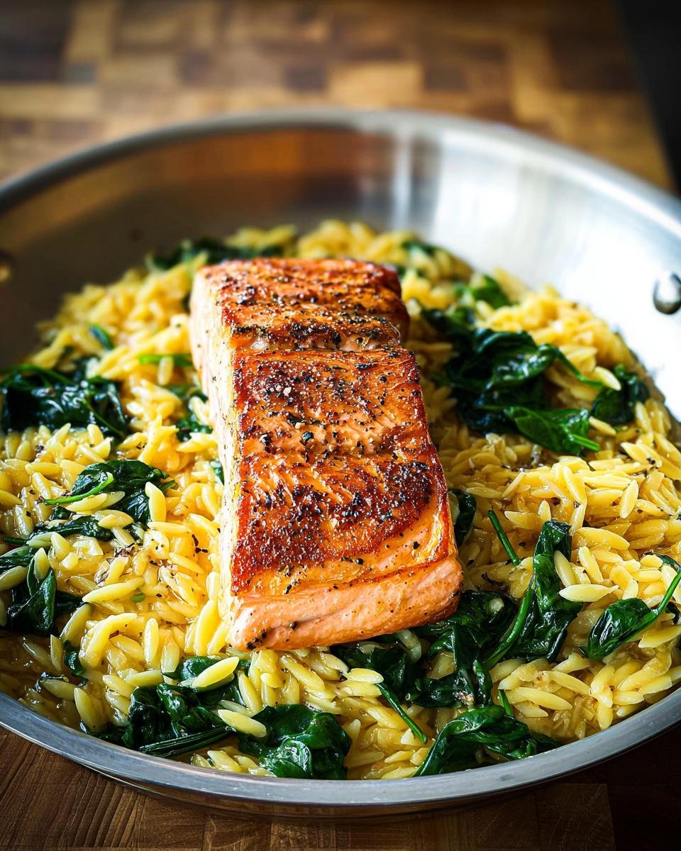 A perfectly seared salmon fillet resting on a bed of lemon orzo pasta mixed with wilted spinach, served in a stainless steel skillet.