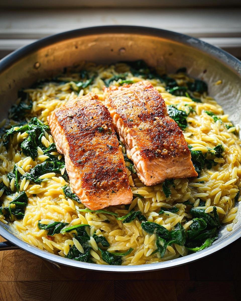 Two perfectly seared salmon fillets resting on a bed of lemon orzo pasta mixed with wilted spinach in a metal skillet.