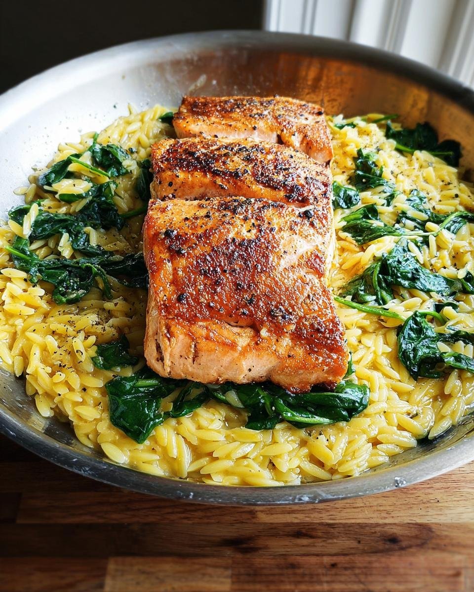 Three perfectly seared salmon fillets resting on a bed of lemon orzo pasta mixed with wilted spinach.