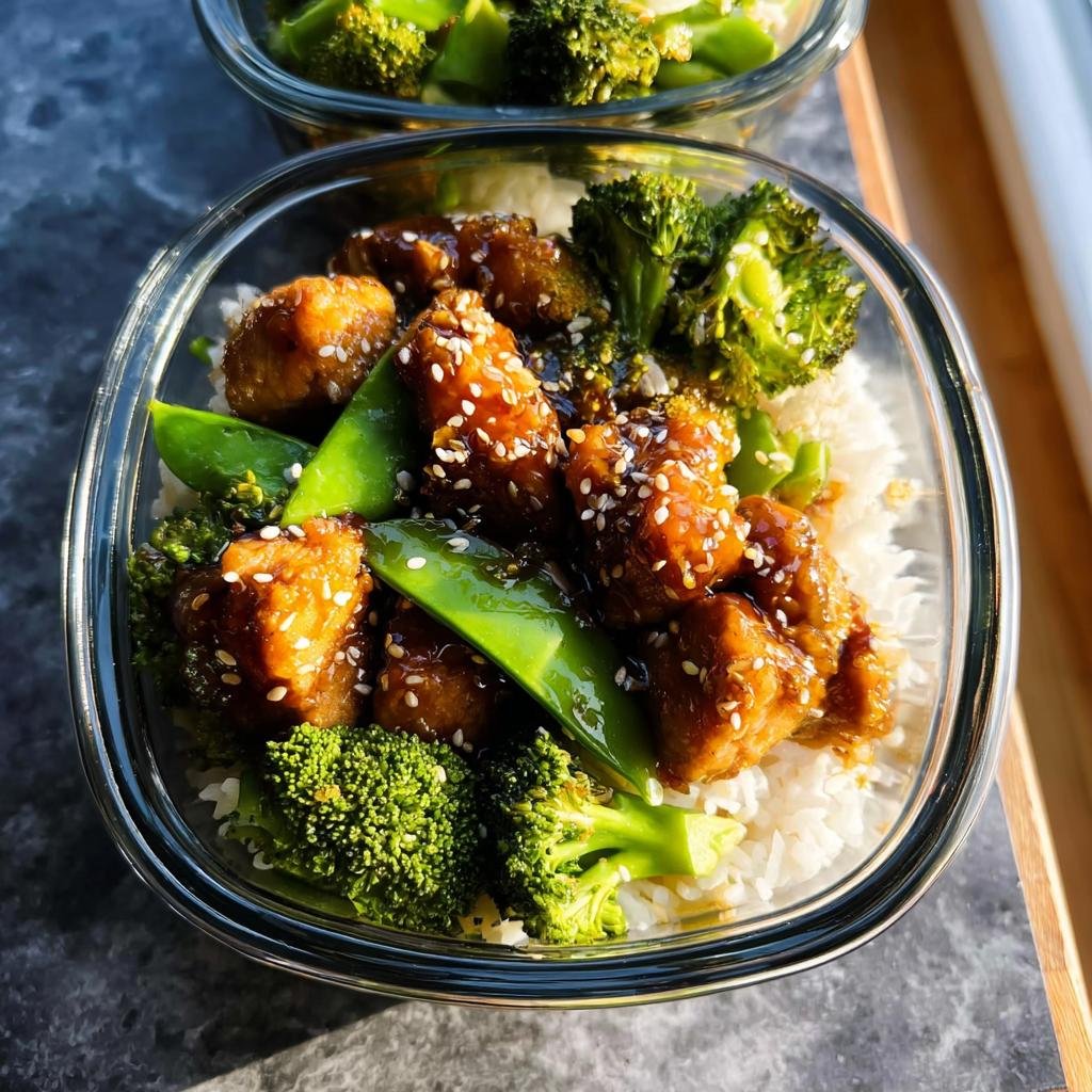 Close-up of sesame chicken with broccoli and snow peas over rice in a glass container, perfect for Make-Ahead Healthy Lunch & Dinner Ideas.