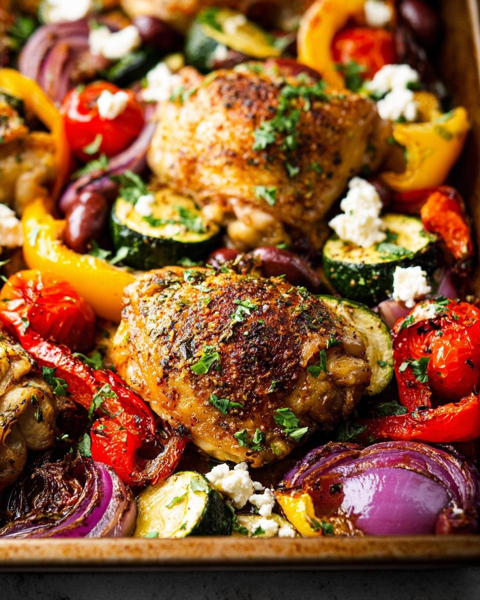 Close-up of golden brown chicken thighs surrounded by roasted vegetables in a Sheet Pan Chicken & Veggie Dinner.