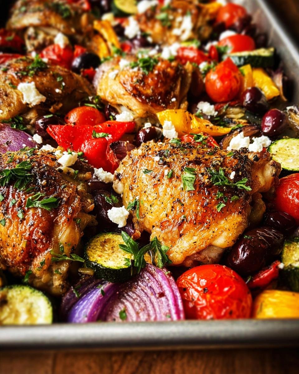 Close-up of a Sheet Pan Chicken & Veggie Dinner featuring crispy chicken thighs, roasted tomatoes, zucchini, and red onion topped with feta.