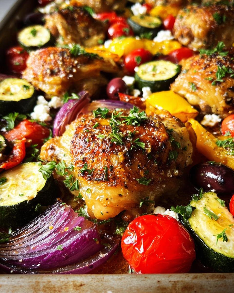 Close-up of a Sheet Pan Chicken & Veggie Dinner featuring crispy chicken thighs, zucchini, red onion, tomatoes, and feta.