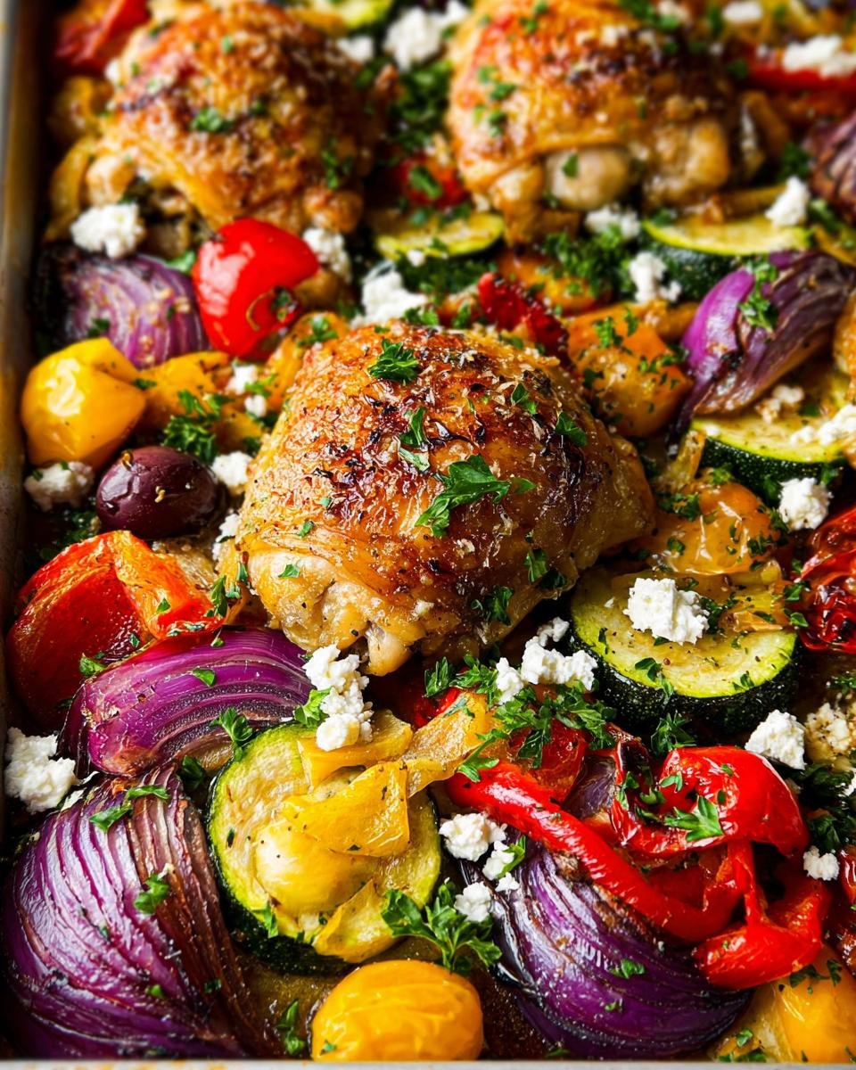 Close-up of a Sheet Pan Chicken & Veggie Dinner with crispy chicken thighs, roasted peppers, zucchini, and feta.