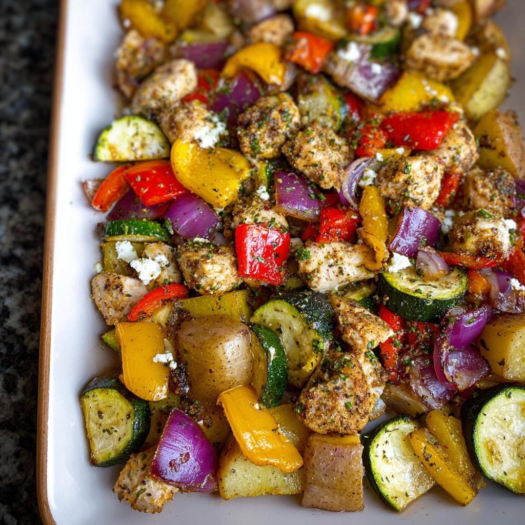 Close-up of seasoned chicken chunks mixed with roasted potatoes, zucchini, red onion, and bell peppers, perfect for Easy Healthy Meal Prep.