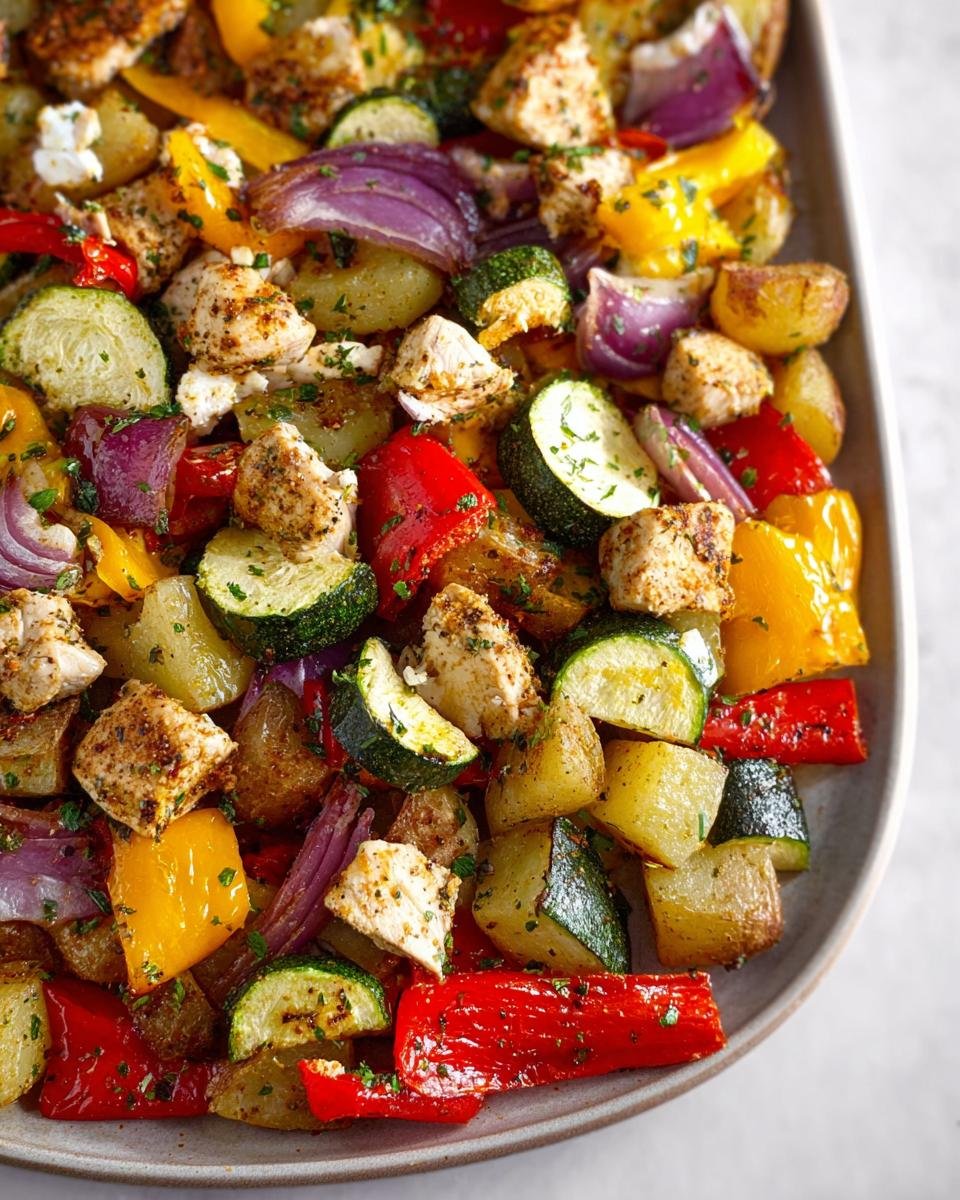 Close-up of roasted chicken chunks mixed with zucchini, bell peppers, and red onion, perfect for Easy Healthy Meal Prep.
