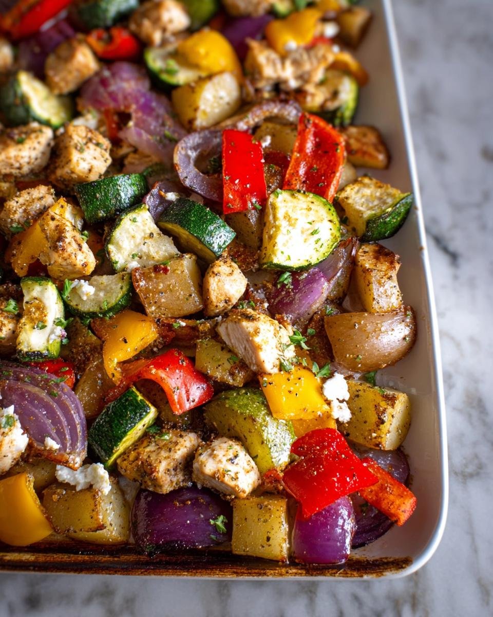 Close-up of roasted chicken chunks mixed with potatoes, zucchini, red onion, and bell peppers for Easy Healthy Meal Prep.