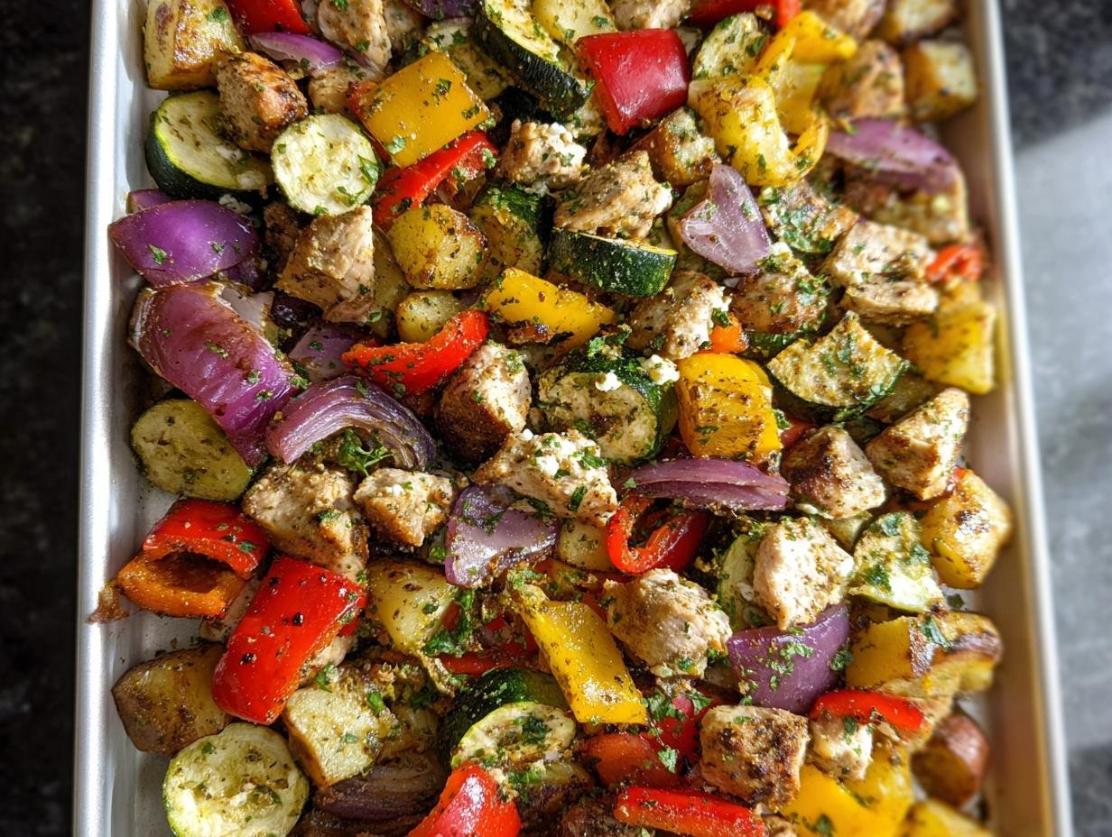 Overhead shot of colorful roasted chicken, potatoes, zucchini, red and yellow peppers, and red onion on a sheet pan for Easy Healthy Meal Prep.