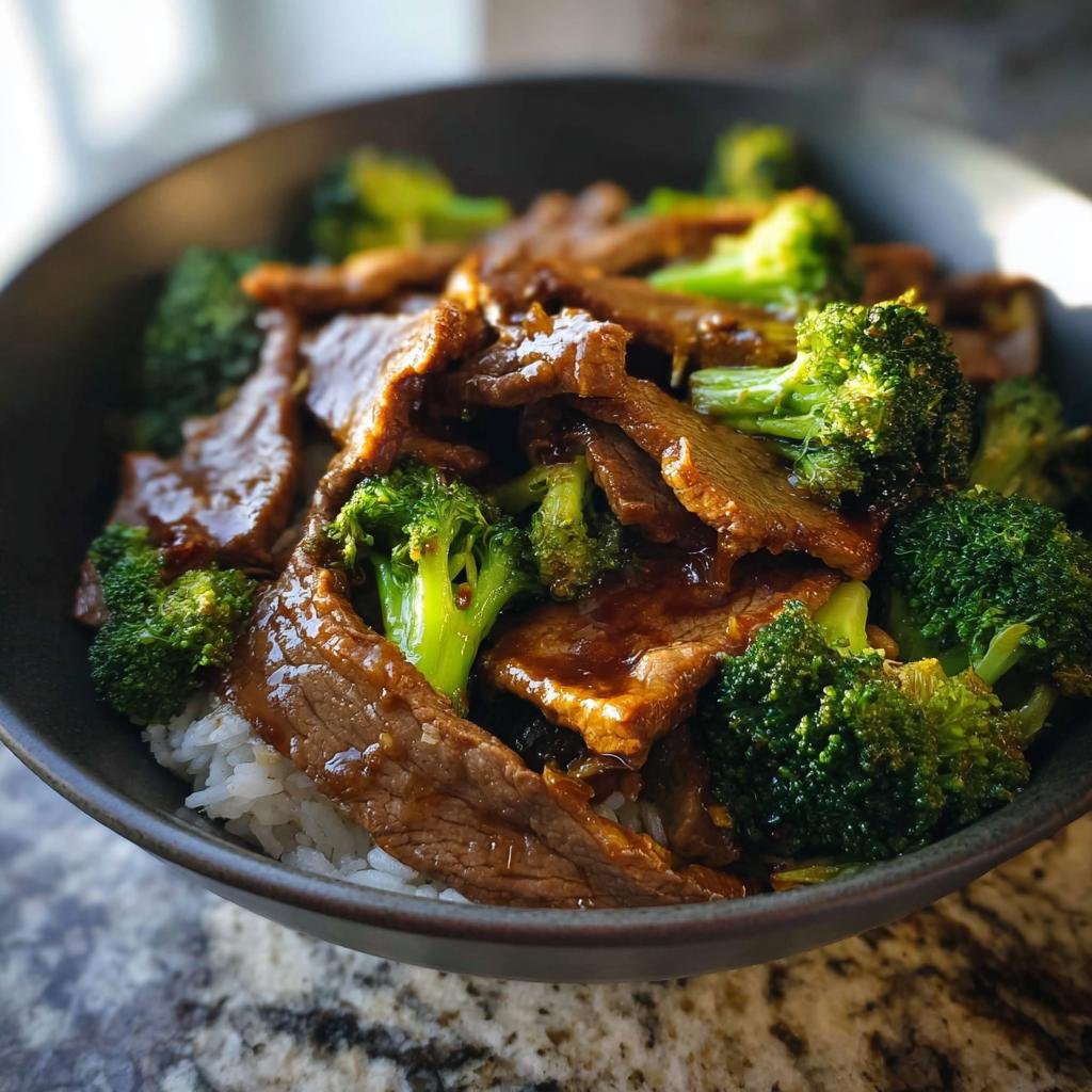 Close-up of a bowl filled with Simple Beef & Broccoli Stir Fry served over white rice.