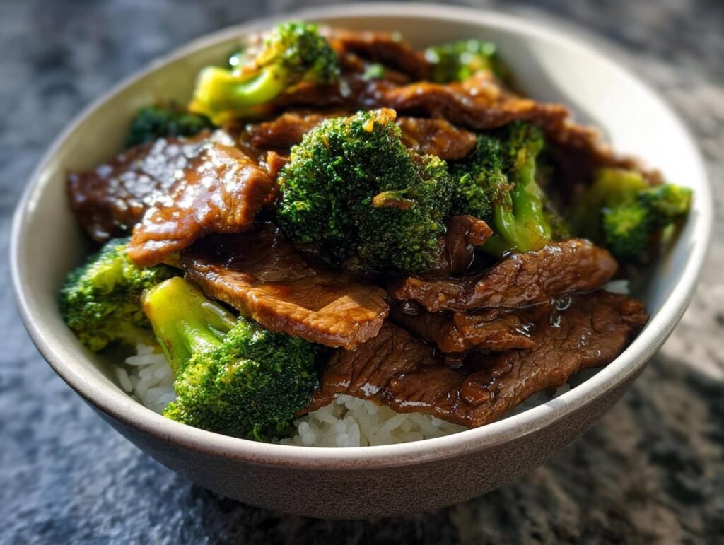 Close-up of a bowl filled with Simple Beef & Broccoli Stir Fry served over white rice.