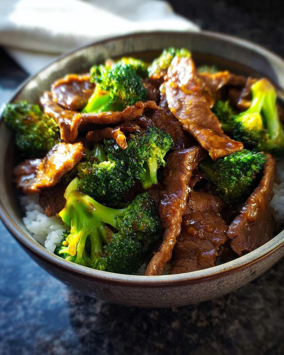 Close-up of a bowl filled with Simple Beef & Broccoli Stir Fry served over white rice.