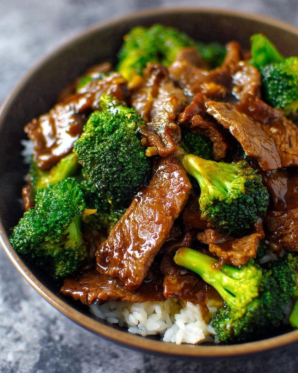 A close-up shot of a bowl filled with Simple Beef & Broccoli Stir Fry served over white rice, coated in a glossy brown sauce.