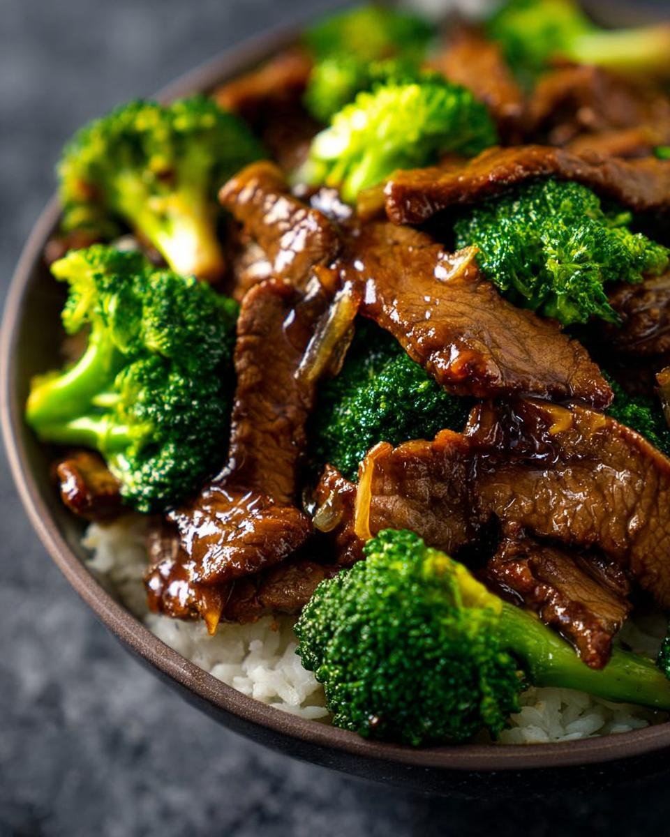 Close-up of tender beef slices and bright green broccoli florets coated in sauce, served over white rice in a dark bowl, featuring Simple Beef & Broccoli Stir Fry.