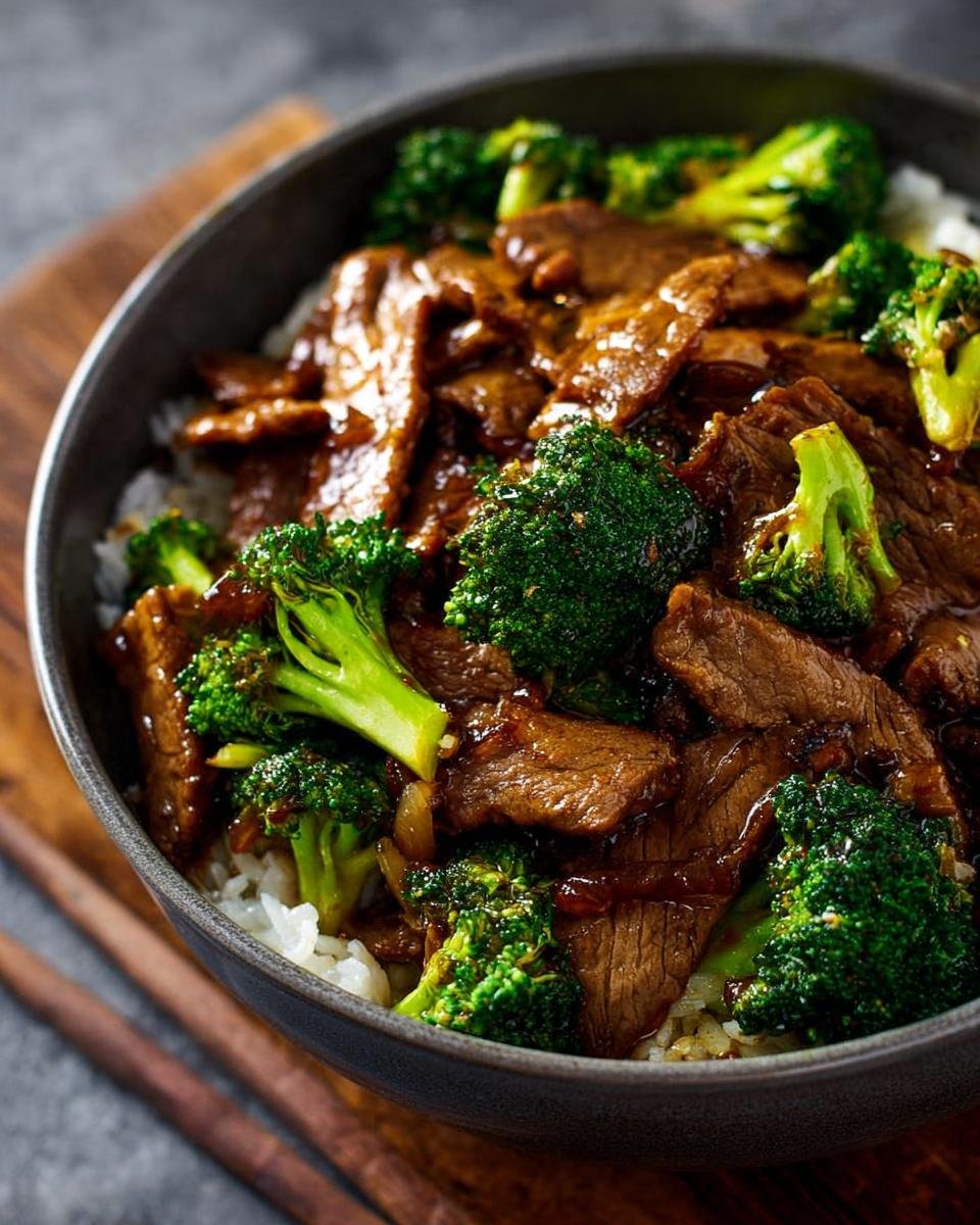 Close-up of a dark bowl filled with Simple Beef & Broccoli Stir Fry served over white rice.