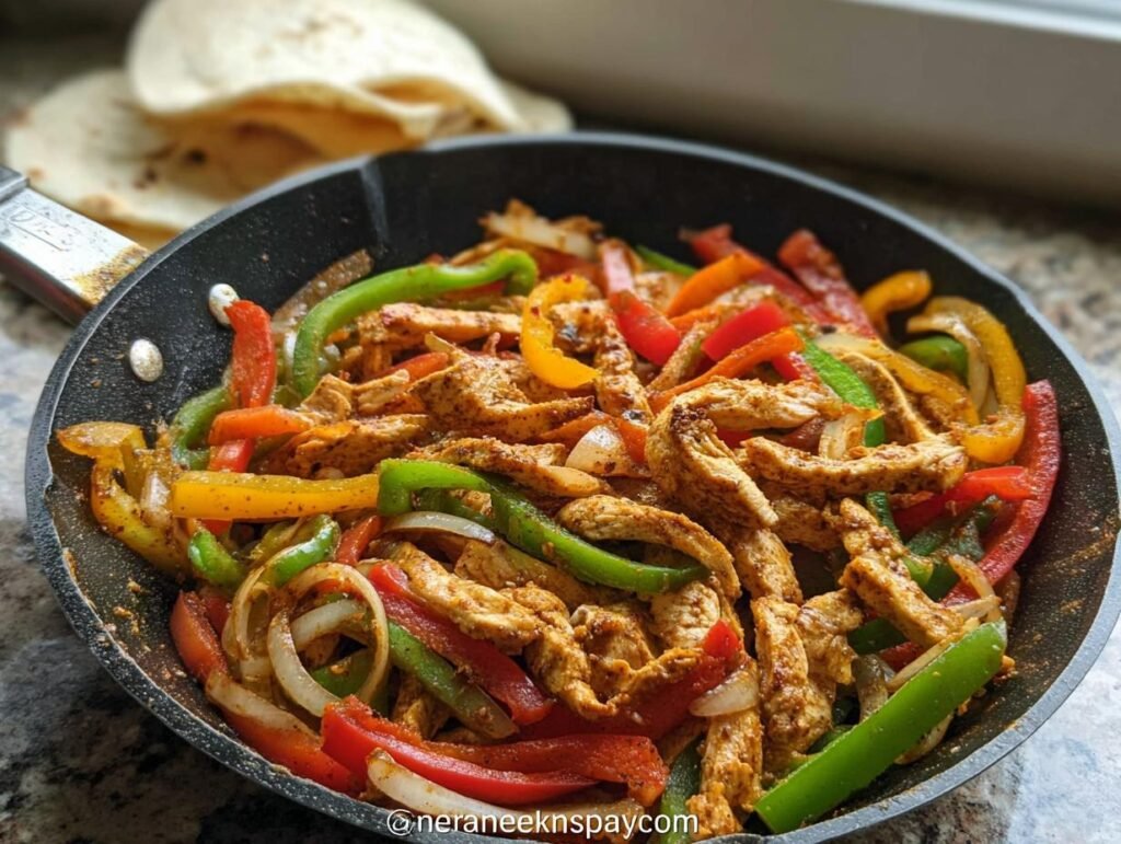 Close-up of Simple Chicken Fajita Skillet with seasoned chicken strips and colorful bell peppers in a black pan.