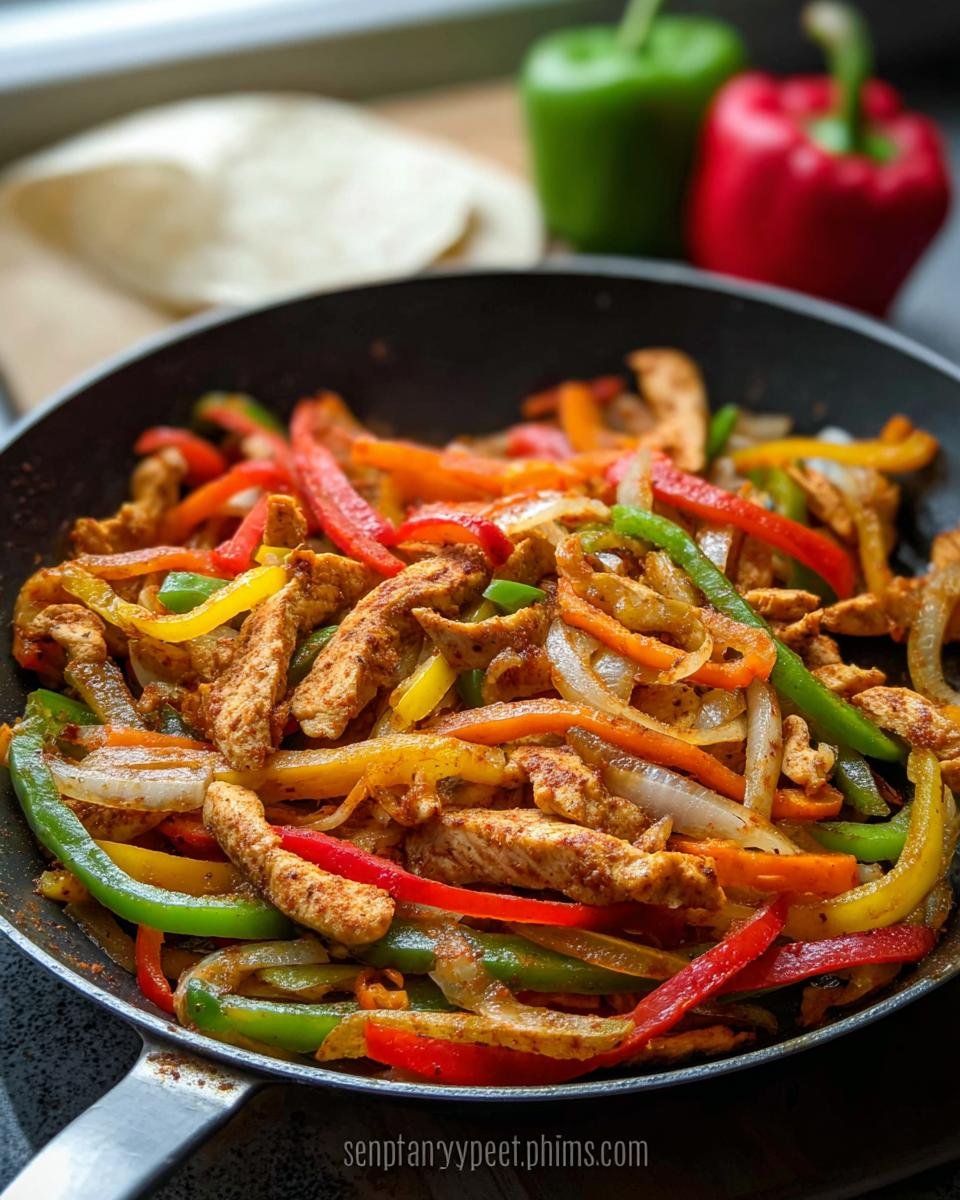 Close-up of Simple Chicken Fajita Skillet mixture with seasoned chicken strips, colorful bell peppers, and onions in a black pan.