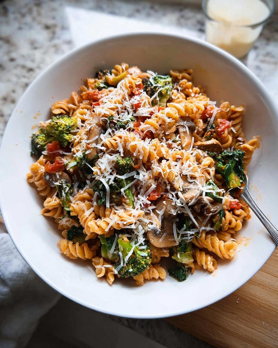 A bowl of fusilli pasta mixed with broccoli, mushrooms, and tomatoes, topped with shredded Parmesan cheese, representing Simple Healthy Meals.