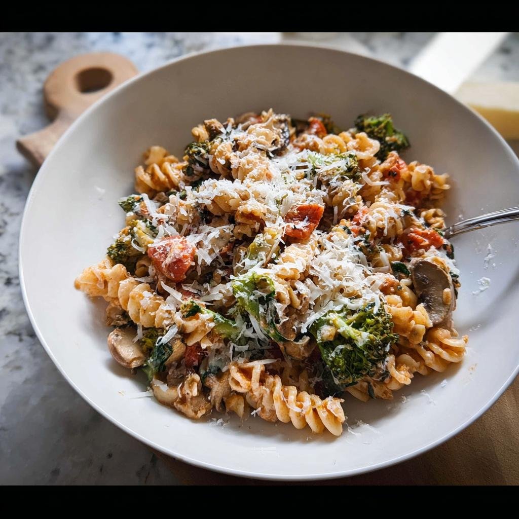 A bowl of fusilli pasta mixed with broccoli, mushrooms, tomatoes, and topped with grated Parmesan cheese, perfect for Simple Healthy Meals.