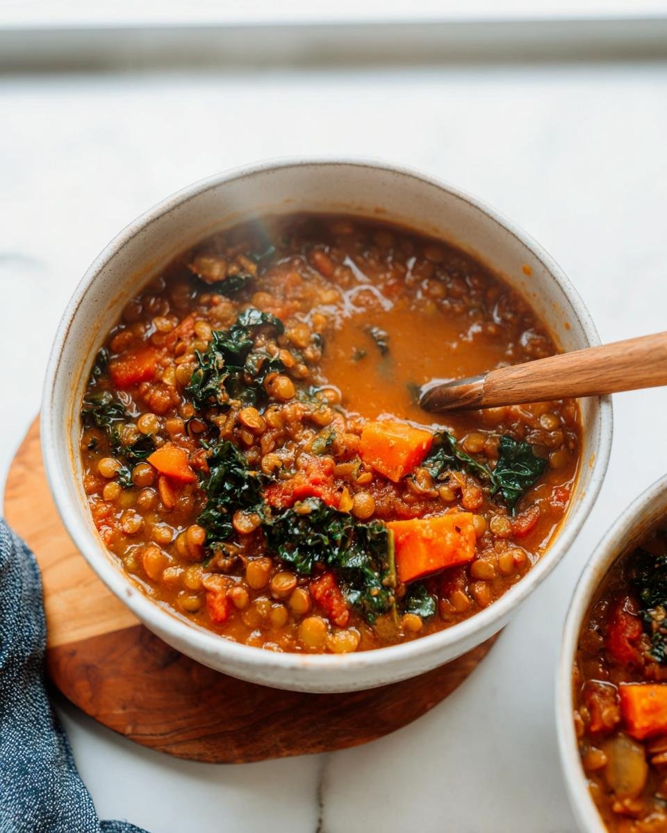 Close-up of a steaming bowl of Simple Lentil Soup featuring lentils, sweet potato chunks, and dark green kale.