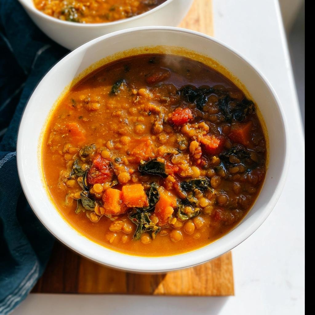 Close-up of a steaming white bowl filled with Simple Lentil Soup featuring visible lentils, diced carrots, and dark leafy greens.