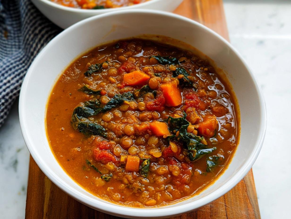 Close-up of a white bowl filled with Simple Lentil Soup featuring lentils, chunks of sweet potato, and dark green kale.