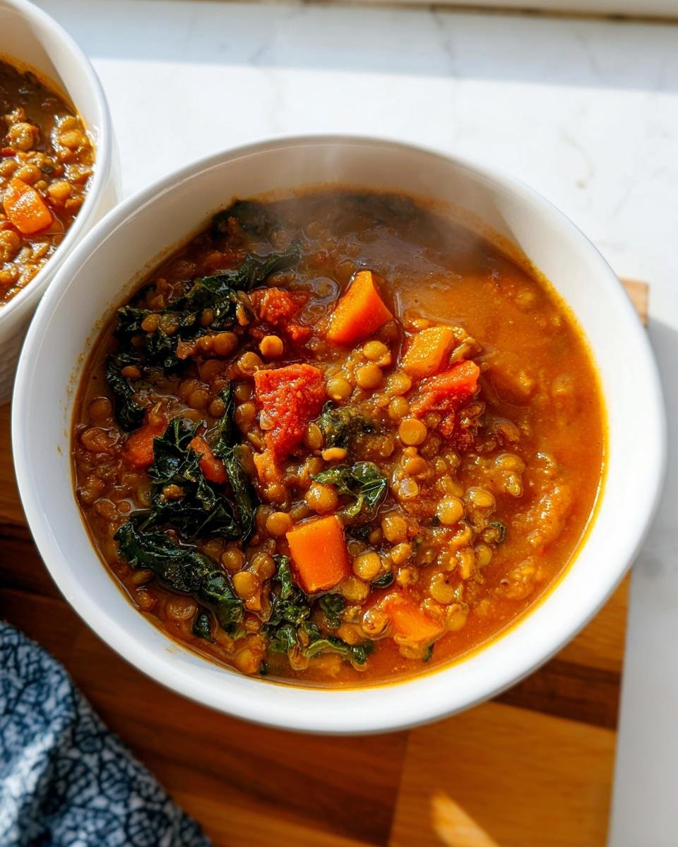 Close-up of a steaming white bowl filled with Simple Lentil Soup, featuring lentils, chunks of carrot, and dark green kale.