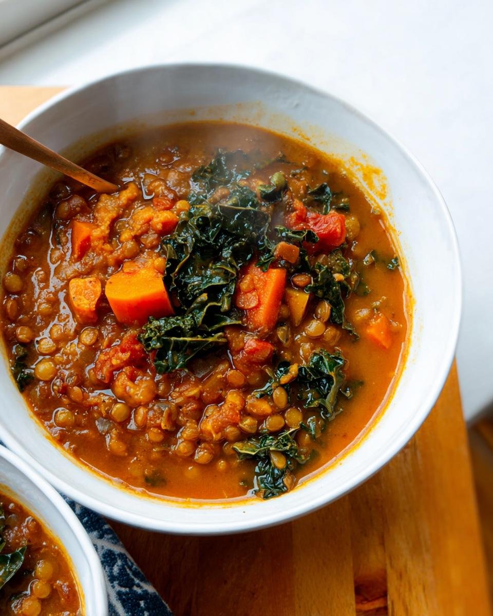 Close-up of a steaming white bowl filled with Simple Lentil Soup, featuring lentils, sweet potatoes, and kale.